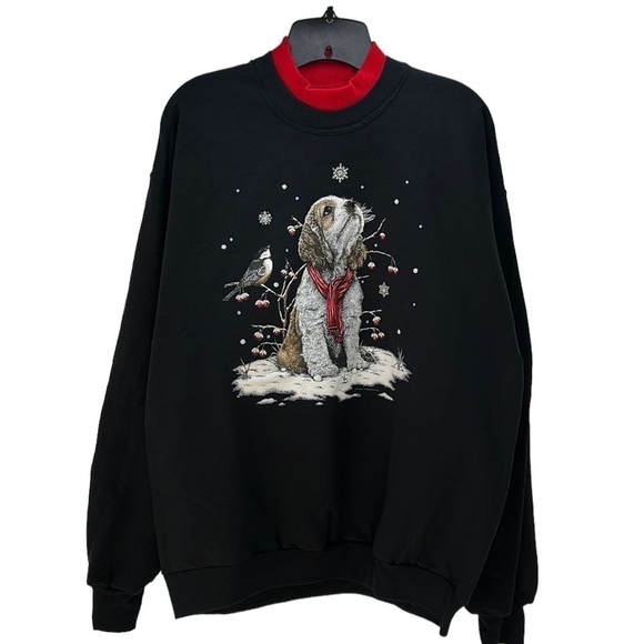 Jerzees Puppy Bird Snowflakes Winter Scene Sweatshirt Mock Neck Large Black Cozy - Picture 1 of 15